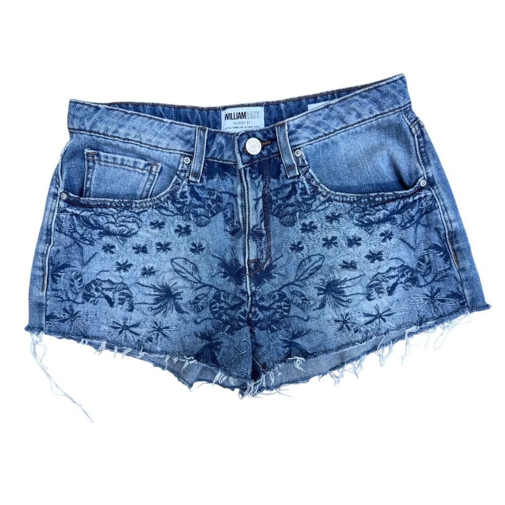 William Rast Embroidered Denim Cut Off Shorts Floral Medium Wash Blue Size 26